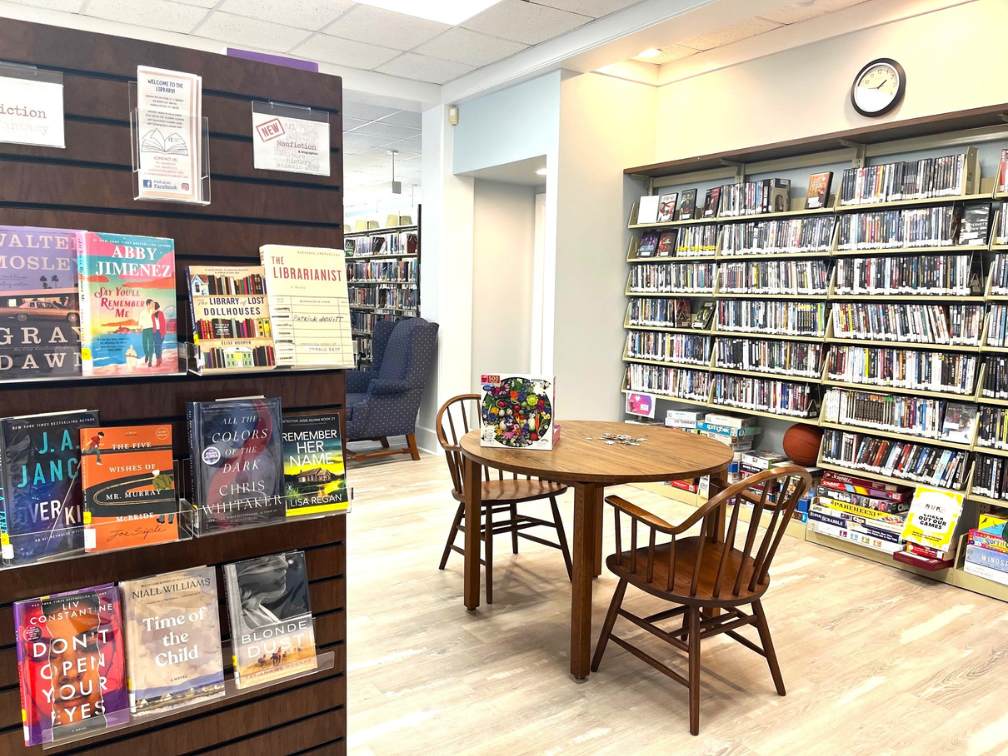 bookshelves at the library